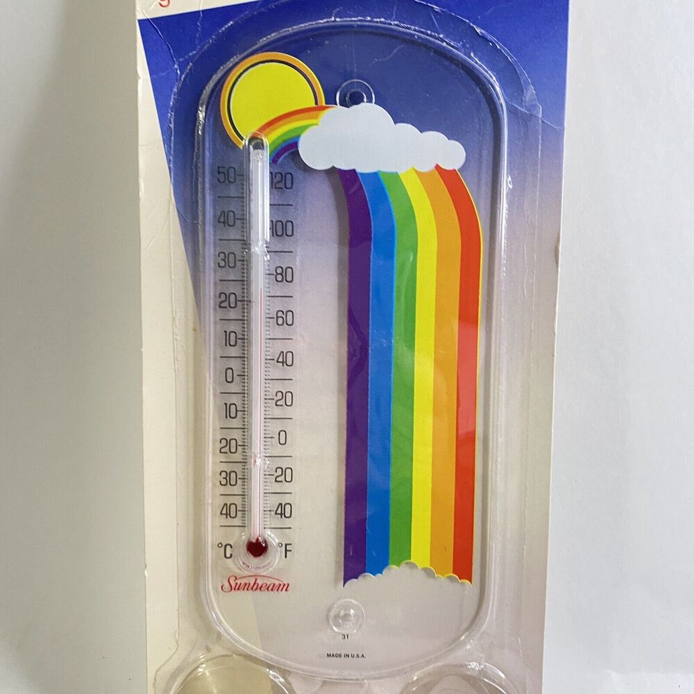 Vintage New Sunbeam RAINBOW Plastic Thermometer Suction Cups USA Window or Wall